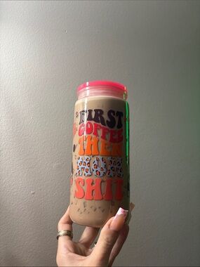 Pink-Lid Graphic Tumbler - 'First Coffee Then...'